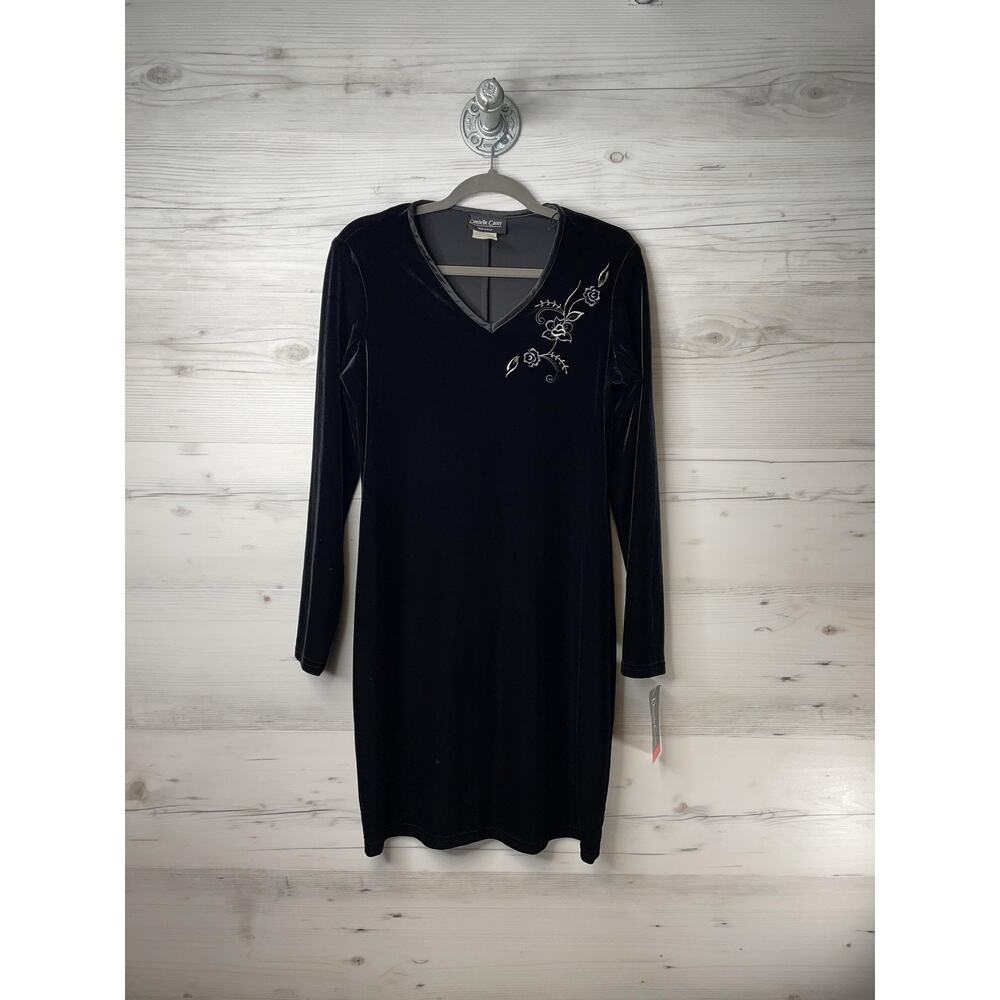 Danielle Casey Dress Womens 8 Black Velvet Embroidered Floral Long Sleeve 1233